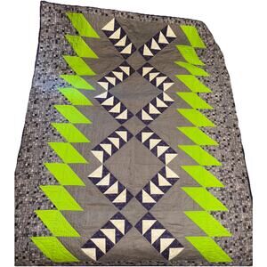 Handmade Modern 52x60 Quilt With Blue, Green And Gray Design.